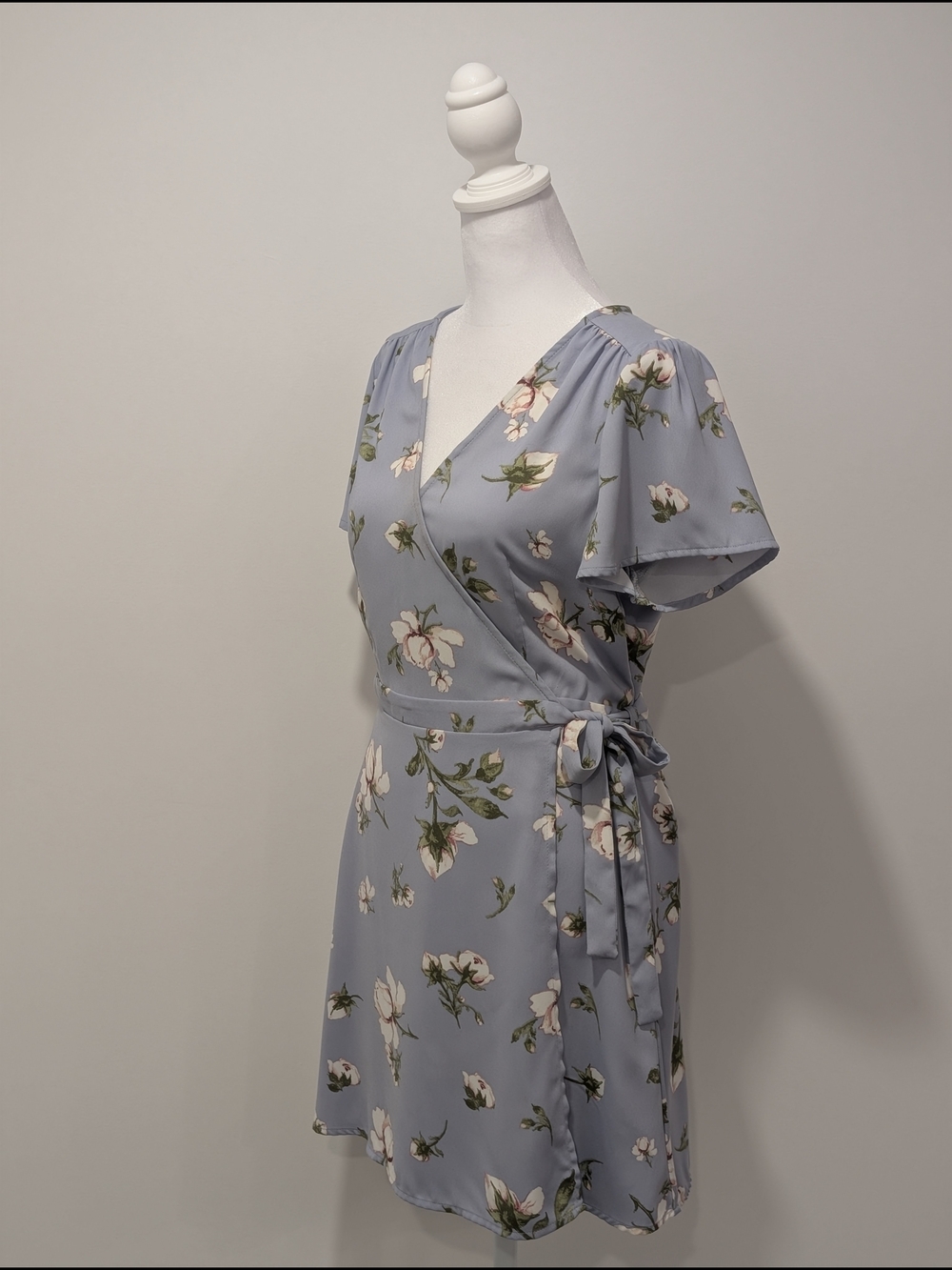 Dynamite Floral Fit And Flare Mini Wrap Dress - Light Blue - Picture 2 of 13